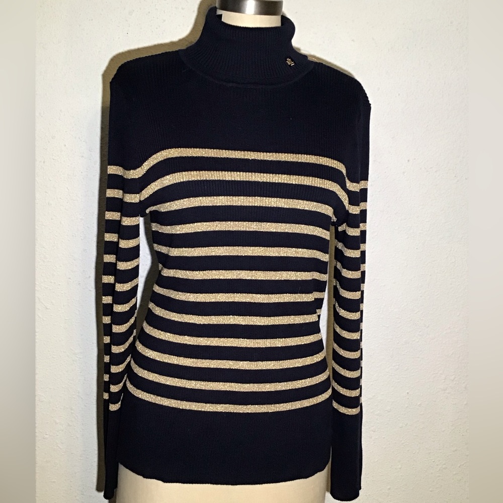 Lauren Ralph Lauren navy blue with  gold striped turtleneck sweater size XL